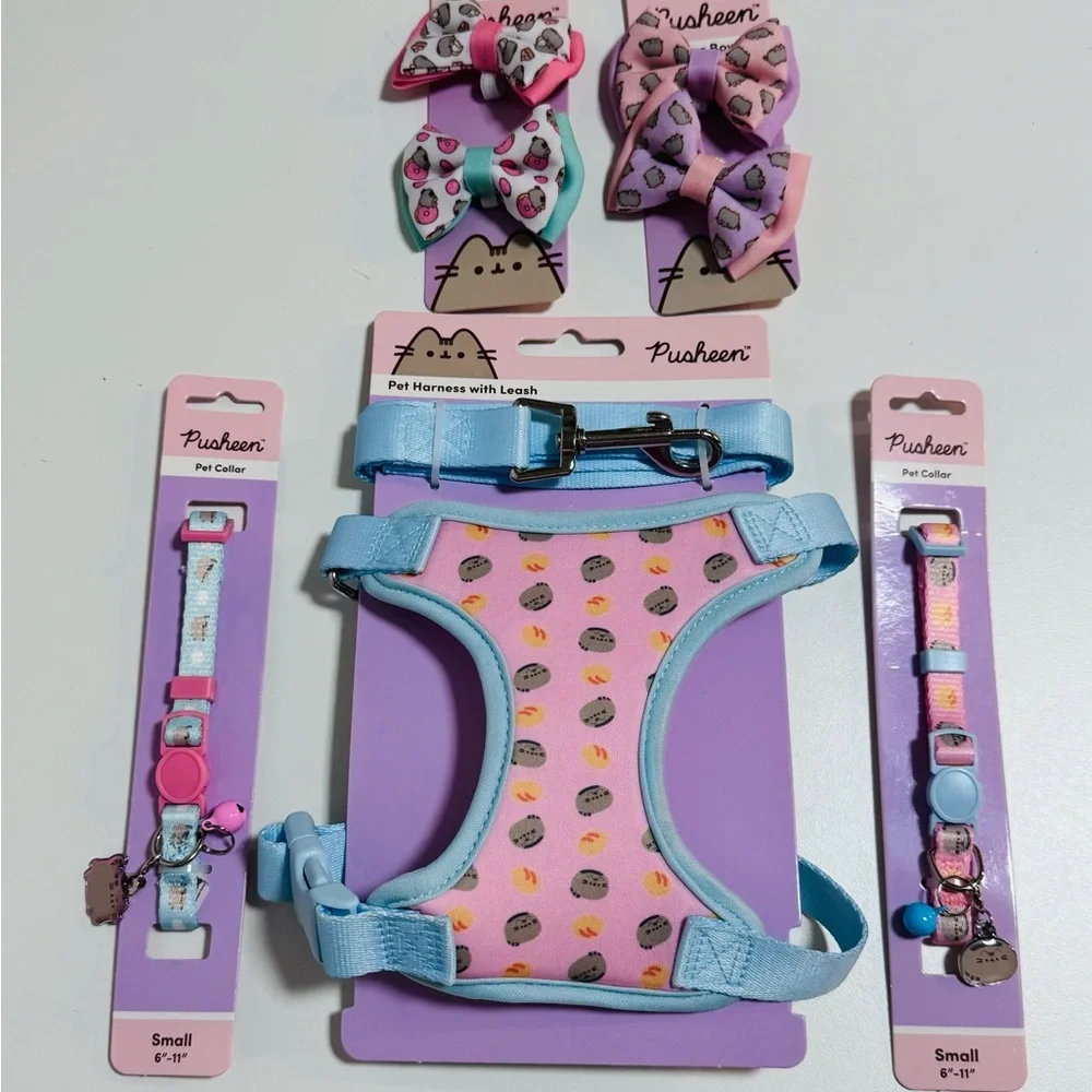 Pusheen Cat Harness Leash Set + 2 Cat Collars + 4 Collar Bows Bundle Small